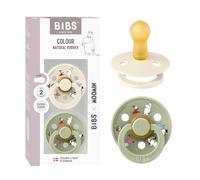 BIBS Colour Moomins Soother 2-Pack, BPA Free Dummy Pacifier, Round Nipple. Natural Rubber Latex, Made in Denmark, Size 2 (6-18 Months), Ivory/Sage