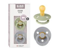 BIBS Colour Soother 2-Pack, BPA Free Dummy Pacifier, Round Nipple. Natural Rubber Latex, Size 1 (0-6 Months), Sage/Cloud