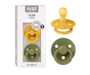 BIBS Colour Soother 2-Pack, BPA Free Dummy Pacifier, Round Nipple. Natural Rubber Latex, Size 1 (0-6 Months), Honey Bee/Olive