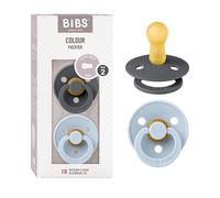BIBS Colour Soother 2-Pack, BPA Free Dummy Pacifier, Round Nipple. Natural Rubber Latex, Size 2 (6-18 Months), Iron/Baby Blue
