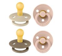 BIBS Colour Soother 4-Pack, BPA Free Dummy Pacifier, Round Nipple. Natural Rubber Latex, Made in Denmark. 0-6 Months (Pack of 4), Baby Blush Colours