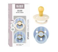 BIBS Colour Studio Dummy, 0-6 months, 2-pack, Block Ivory/Baby Blue | Round Natural Rubber Teat | Size 1 | BPA-Free | Made in Denmark | High Teat Acceptance | Airflow Holes | Comfort Shield
