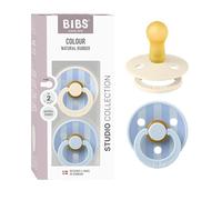 BIBS Colour Studio Dummy, 6-18 months, 2-pack, Block Ivory/Baby Blue | Round Natural Rubber Teat | Size 2 | BPA-Free | Made in Denmark | High Teat Acceptance | Airflow Holes | Comfort Shield