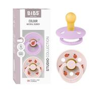 BIBS Colour Studio Soother 2-Pack, BPA Free Dummy Pacifier, Round Nipple. Natural Rubber Latex, Made in Denmark, Size 1 (0-6 Months), Violet Sky/Petal