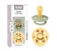 BIBS Colour Studio Soother 2-Pack, BPA Free Dummy Pacifier, Round Nipple. Natural Rubber Latex, Made in Denmark, Size 2 (6-18 Months), Sage/Pale Butter