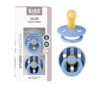 BIBS Colour Studio Soother 2-Pack, BPA Free Dummy Pacifier, Round Nipple. Natural Rubber Latex, Made in Denmark, Size 2 (6-18 Months), Pin Sky Blue