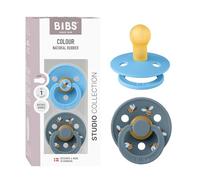BIBS Colour Studio Soother 2-Pack, BPA Free Dummy Pacifier, Round Nipple. Natural Rubber Latex, Made in Denmark, Size 1 (0-6 Months), Breeze/Petrol
