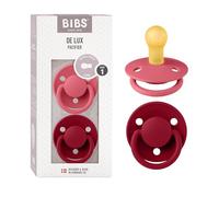 BIBS De Lux Soother 2-Pack, BPA Free Dummy Pacifier, Round Nipple. Natural Rubber Latex, Size 1 (0-6 Months), Coral/Ruby