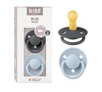 BIBS De Lux Soother 2-Pack, BPA Free Dummy Pacifier, Round Nipple. Natural Rubber Latex, Size 2 (6-18 Months), Iron/Baby Blue
