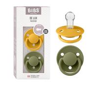 BIBS De Lux Soother 2-Pack, BPA Free Dummy Pacifier, Round Nipple. Silicone, OneSize (0-36 Months), Honey Bee/Olive