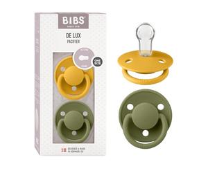 BIBS De Lux Dummies 2-Pack, BPA Free Dummy Pacifier, Round Nipple. Silicone, OneSize (0-36 Months), Honey Bee/Olive