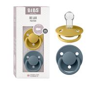 BIBS De Lux Dummies 2-Pack, BPA Free Dummy Pacifier, Round Nipple. Silicone, OneSize (0-36 Months), Mustard/Petrol