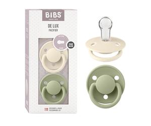 BIBS De Lux Dummy, 0+ Months, 2-Pack, Round Teat, Ivory/Sage | Silicone | One Size | BPA-Free | Made in Denmark | High Teat Acceptance | Airflow Holes | Comfort Shield