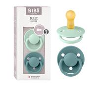 BIBS De Lux Dummy, 6-18 Months, 2-Pack, Round Teat, Nordic Mint/Island Sea | Round Natural Rubber Teat | Size 2 | BPA-Free | Made in Denmark | High Teat Acceptance | Airflow Holes | Comfort Shield