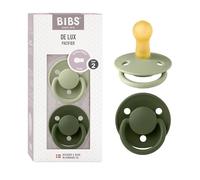 BIBS De Lux Dummy, 6-18 Months, 2-Pack, Round Teat, Sage/Hunter Green | Natural Rubber Latex | Size 2 | BPA-Free | Made in Denmark | High Teat Acceptance | Airflow Holes | Comfort Shield