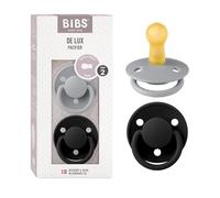 BIBS De Lux Soother 2-Pack, BPA Free Dummy Pacifier, Round Nipple. Natural Rubber Latex, Size 2 (6-18 Months), Cloud/Black