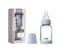 BIBS Baby Glass Bottle. 120ml. Anti-Colic. Vented Round Silicone Nipple. Supports Natural Breastfeeding, Slow Flow, Complete Set - 120 ml, Baby Blue