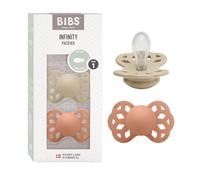 BIBS Infinity Soother 2-Pack, BPA Free, Symmetrical Nipple. Silicone, Made in Denmark, 0-6 Months (Pack of 2), Vanilla/Peach