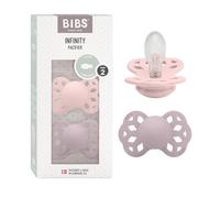 BIBS Infinity Symmetrical Soother 2-Pack, BPA Free, Symmetrical Nipple, Silicone, Symmetrical Nipple. Silicone, Made in Denmark, 6-18 Months (Pack of 2), Blossom/Dusky Lilac