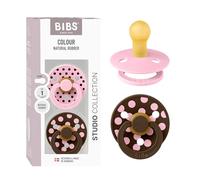 BIBS Polka Dots Soother 2-Pack, BPA Free Dummy Pacifier, Round Nipple. Natural Rubber Latex, Made in Denmark, Size 1 (0-6 Months), Baby Pink/Mocha