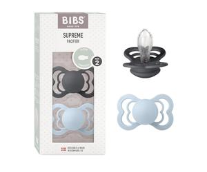 BIBS Supreme Dummies 2-Pack, BPA Free Dummy Pacifier, Silicone Symmetrical Nipple Soother, Size 2 (6-18 Months), Iron/Baby Blue