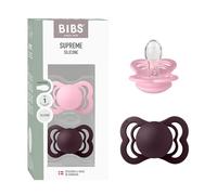 BIBS Supreme Dummy, 0-6 Months, 2-Pack, Symmetrical Teat, Baby Pink/Plum