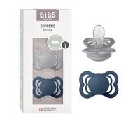 BIBS Supreme Dummy, 0-6 Months, 2-Pack, Symmetrical Teat, Cloud/Steel Blue | Symmetrical Silicone Teat | Size 1 | BPA-Free | Made in Denmark | High Teat Acceptance | Airflow Holes | Comfort Shield