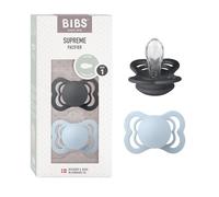 BIBS Supreme Dummy, 0-6 Months, 2-Pack, Symmetrical Teat, Iron/Baby Blue | Silicone | Size 1 | BPA-Free | Made in Denmark | High Teat Acceptance | Airflow Holes | Comfort Shield
