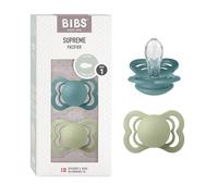 BIBS Supreme Dummy, 0-6 Months, 2-Pack, Symmetrical Teat, Island Sea/Sage | Silicone | Size 1 | BPA-Free | Made in Denmark | High Teat Acceptance | Airflow Holes | Comfort Shield
