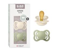BIBS Supreme Dummy, 0-6 Months, 2-Pack, Symmetrical Teat, Ivory/Sage | Natural Rubber Latex | Size 1 | BPA-Free | Made in Denmark | High Teat Acceptance | Airflow Holes | Comfort Shield
