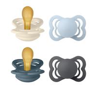 BIBS Supreme Dummy, 0-6 Months, 4-Pack, Ivory/Baby Blue/Petrol/Iron | Symmetrical Natural Rubber Teat | Size 1 | BPA-Free | Made in Denmark | High Teat Acceptance | Airflow Holes