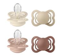 BIBS Supreme Dummy, 0-6 Months, 4-Pack, Ivory/Vanilla/Blush/Woodschuck | Symmetrical Silicone Teat | Size 1 | BPA-Free | Made in Denmark | High Teat Acceptance | Airflow Holes | Comfort Shield