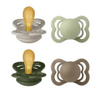 BIBS Supreme Dummy, 0-6 Months, 4-Pack, Sand/Sage/Hunter Green/Dark Oak | Symmetrical Natural Rubber Teat | Size 1 | BPA-Free | Made in Denmark | High Teat Acceptance | Airflow Holes