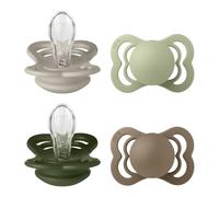 BIBS Supreme Dummy, 0-6 Months, 4-Pack, Sand/Sage/Hunter Green/Dark Oak | Symmetrical Silicone Teat | Size 1 | BPA-Free | Made in Denmark | High Teat Acceptance | Airflow Holes | Comfort Shield