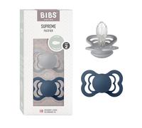 BIBS Supreme Dummy, 6-18 Months, 2-Pack, Symmetrical Teat, Cloud/Steel Blue | Symmetrical Silicone Teat | Size 2 | BPA-Free | Made in Denmark | High Teat Acceptance | Airflow Holes | Comfort Shield