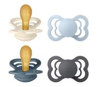 BIBS Supreme Dummy, 6-18 Months, 4-Pack, Ivory/Baby Blue/Petrol/Iron | Symmetrical Natural Rubber Teat | Size 2 | BPA-Free | Made in Denmark | High Teat Acceptance | Airflow Holes