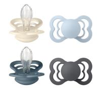BIBS Supreme Dummy, 6-18 Months, 4-Pack, Ivory/Baby Blue/Petrol/Iron | Symmetrical Silicone Teat | Size 2 | BPA-Free | Made in Denmark | High Teat Acceptance | Airflow Holes | Comfort Shield