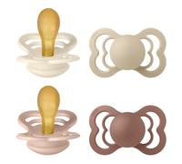 BIBS Supreme Dummy, 6-18 Months, 4-Pack, Ivory/Vanilla/Blush/Woodschuck | Symmetrical Natural Rubber Teat | Size 2 | BPA-Free | Made in Denmark | High Teat Acceptance | Airflow Holes