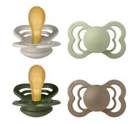 BIBS Supreme Dummy, 6-18 Months, 4-Pack, Sand/Sage/Hunter Green/Dark Oak | Symmetrical Natural Rubber Teat | Size 2 | BPA-Free | Made in Denmark | High Teat Acceptance | Airflow Holes