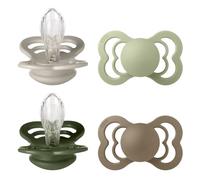 BIBS Supreme Dummy, 6-18 Months, 4-Pack, Sand/Sage/Hunter Green/Dark Oak | Symmetrical Silicone Teat | Size 2 | BPA-Free | Made in Denmark | High Teat Acceptance | Airflow Holes | Comfort Shield