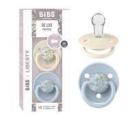 BIBS x Liberty De Lux Dummy, 0+ Months, 2-Pack, Eloise Ivory/Baby Blue | Round Silicone Teat | One Size | BPA-Free | Made in Denmark | High Teat Acceptance | Airflow Holes | Comfort Shield