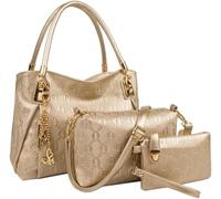 BIBTOO 3 Pcs Handbags Womens Tote Bags Set Faux Leather Shoulder Handbag Crossbody Bag Satchel Wristlets Bag Wallet Clutch(Gold)