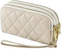 BIBTOO Genuine Leather Wallet for Women Wristlet Clutch Purse Quilted Purse Large Capacity Mobile Phone Pouch(Beige)