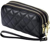 BIBTOO Genuine Leather Wallet for Women Wristlet Clutch Purse Quilted Purse Large Capacity Mobile Phone Pouch(Black)