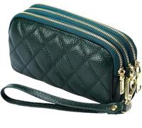 BIBTOO Genuine Leather Wallet for Women Wristlet Clutch Purse Quilted Purse Large Capacity Mobile Phone Pouch(Green)