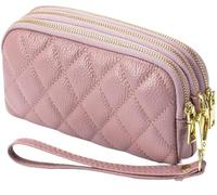 BIBTOO Genuine Leather Wallet for Women Wristlet Clutch Purse Quilted Purse Large Capacity Mobile Phone Pouch(Pink)