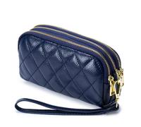 BIBTOO Genuine Leather Wallet for Women Wristlet Clutch Purse Quilted Purse Large Capacity Mobile Phone Pouch(Blue)