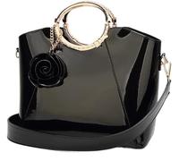 BIBTOO Glossy Patent Leather Handbag for Women Evening Top Handle Purse Work Wedding Shoulder Satchel with Flower Pendant(Black)