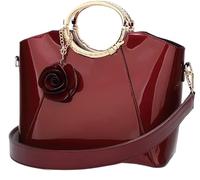 BIBTOO Glossy Patent Leather Handbag for Women Evening Top Handle Purse Work Wedding Shoulder Satchel with Flower Pendant(Wine)