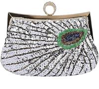 BIBTOO Retro Peacock Handbag Sequin Clutch Bag Evening Shoulder Bag Wedding Crossbody Bag Prom Purse(Silver)